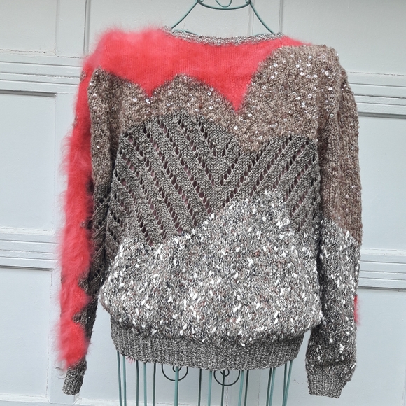 Chunky Knit Sweater Handmade Fuzzy Soft Fun Unique Ugly Cute Valentine Pink Fur - Picture 2 of 16